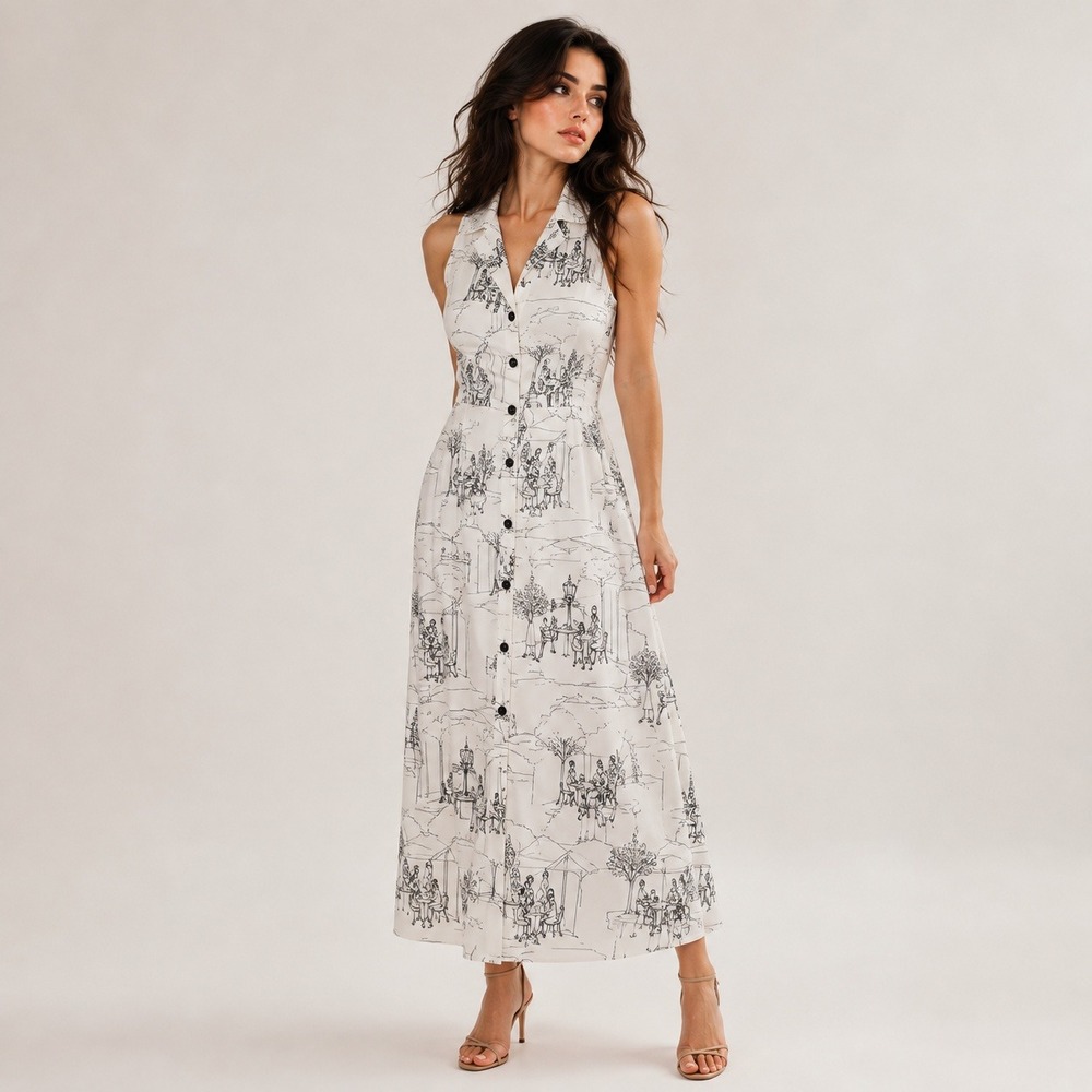 Vintage Clues Collections Parisian Novelty Print Button Down Midi Dress 8